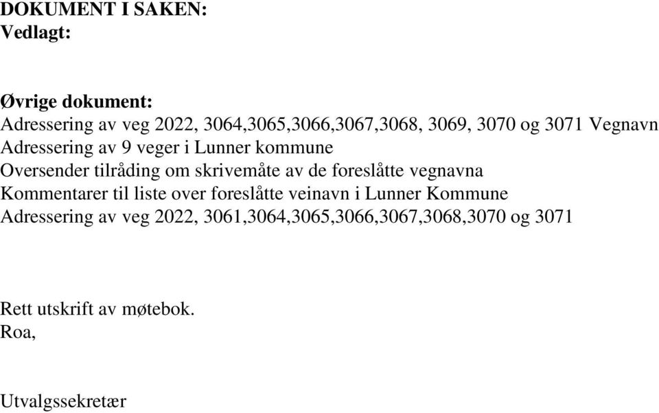 skrivemåte av de foreslåtte vegnavna Kommentarer til liste over foreslåtte veinavn i Lunner Kommune