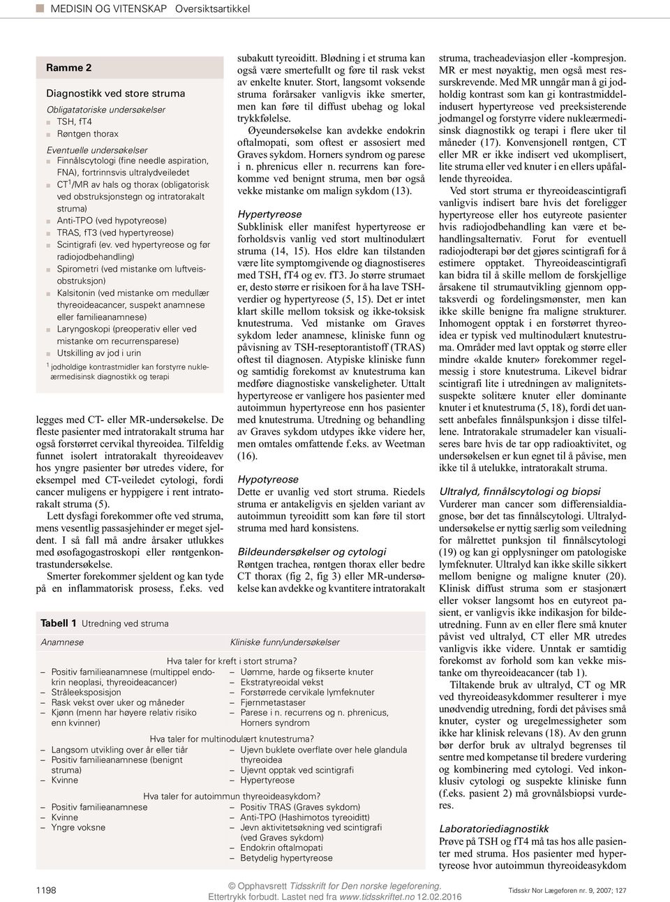 ved hypertyreose og før radiojodbehandling) Spirometri (ved mistanke om luftveisobstruksjon) Kalsitonin (ved mistanke om medullær thyreoideacancer, suspekt anamnese eller familieanamnese)