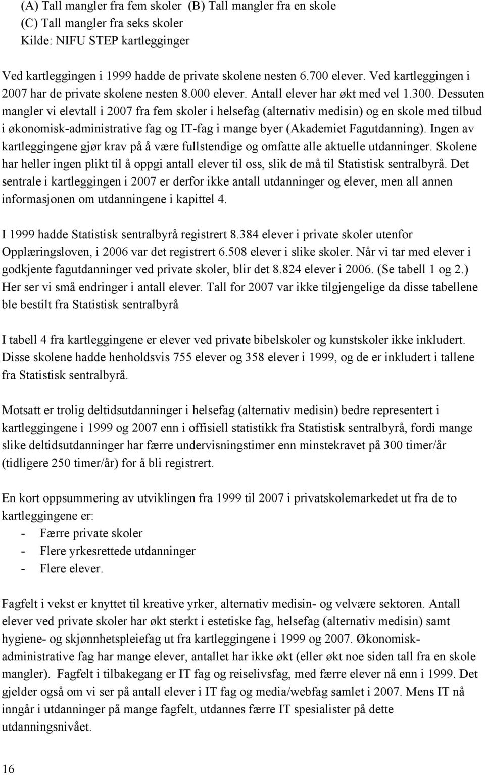 Dessuten mangler vi elevtall i 2007 fra fem skoler i helsefag (alternativ medisin) og en skole med tilbud i økonomisk-administrative fag og IT-fag i mange byer (Akademiet Fagutdanning).