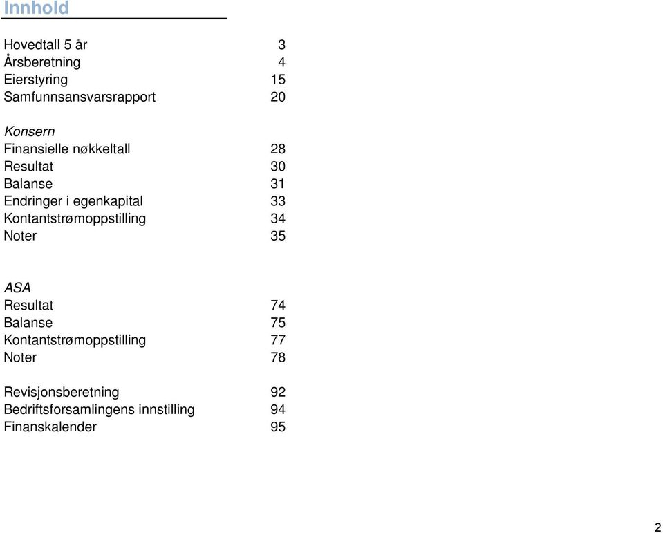 Kontantstrømoppstilling 34 Noter 35 ASA Resultat 74 Balanse 75