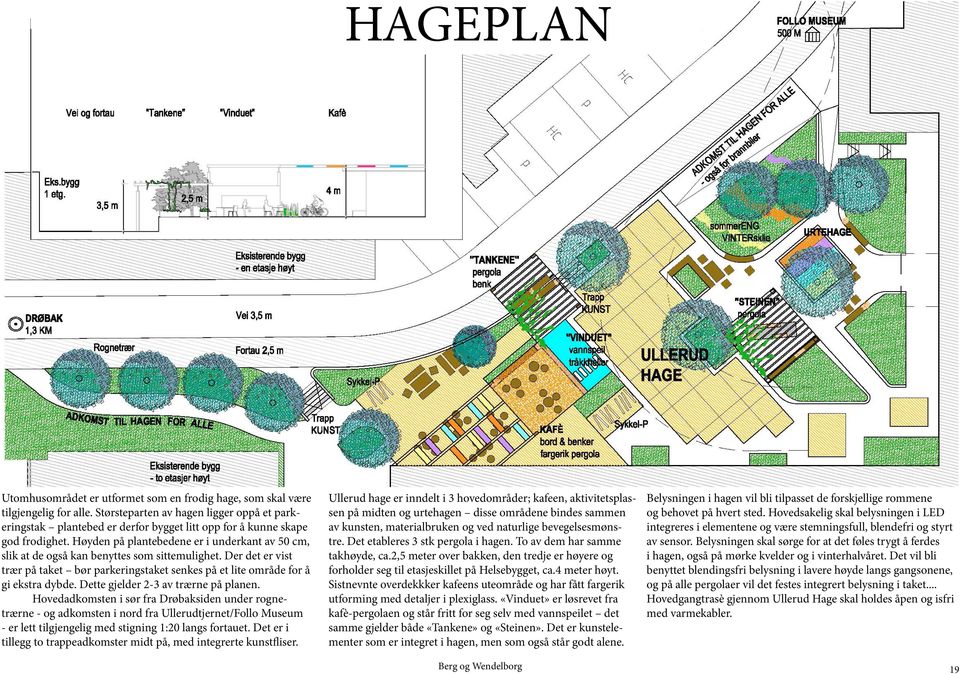 Høyden på plantebedene er i underkant av 50 cm, slik at de også kan benyttes som sittemulighet. Der det er vist trær på taket bør parkeringstaket senkes på et lite område for å gi ekstra dybde.