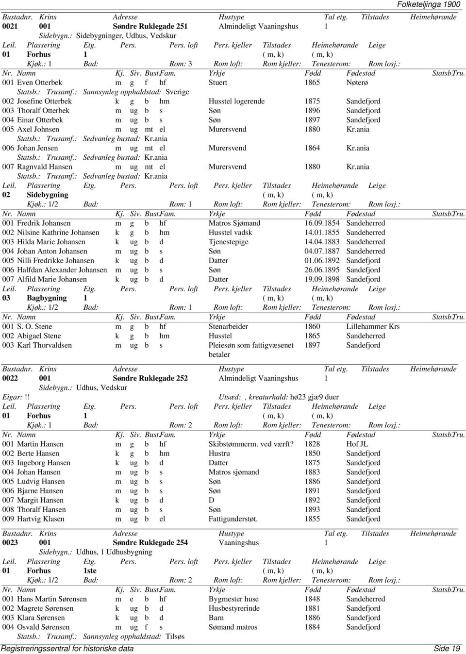 : Sannsynleg opphaldstad: Sverige 002 Josefine Otterbek k g b hm Husstel logerende 1875 Sandefjord 003 Thoralf Otterbek m ug b s Søn 1896 Sandefjord 004 Einar Otterbek m ug b s Søn 1897 Sandefjord