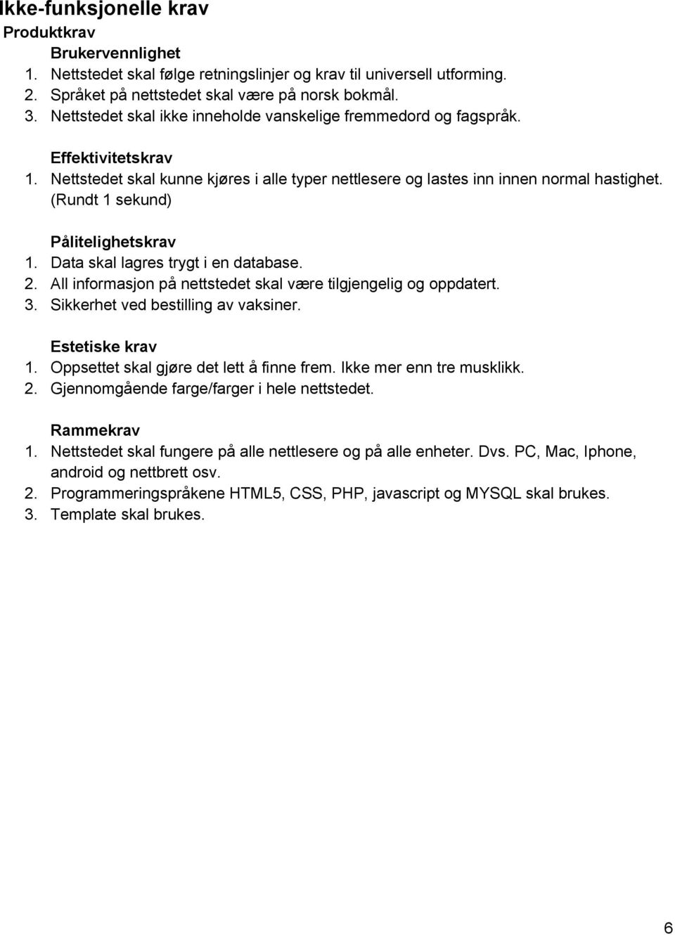 (Rundt 1 sekund) Pålitelighetskrav 1. Data skal lagres trygt i en database. 2. All informasjon på nettstedet skal være tilgjengelig og oppdatert. 3. Sikkerhet ved bestilling av vaksiner.