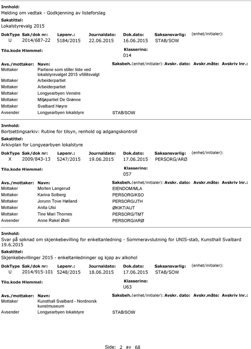 Miljøpartiet De Grønne Svalbard Høyre STB/SOW Bortsettingsarkiv: Rutine for tilsyn, renhold og adgangskontroll rkivplan for 2009/843-13 5247/2015 PERSORG/RØ 057 Mottaker Morten Langerud EENDOM/ML