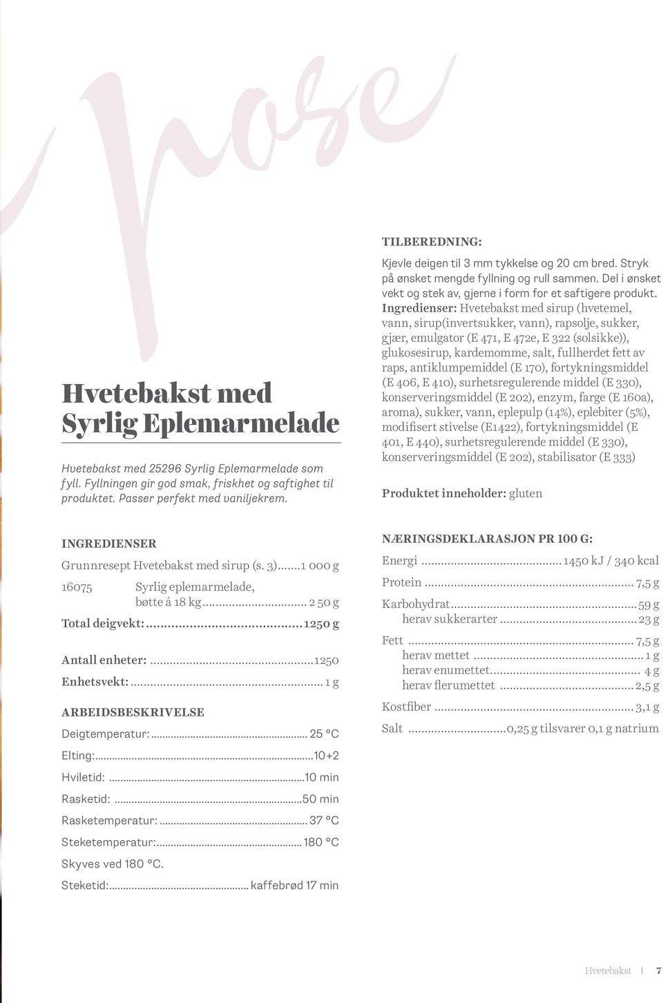 Ingredienser: Hvetebakst med sirup (hvetemel, vann, sirup(invertsukker, vann), rapsolje, sukker, gjær, emulgator (E 471, E 472e, E 322 (solsikke)), glukosesirup, kardemomme, salt, fullherdet fett av