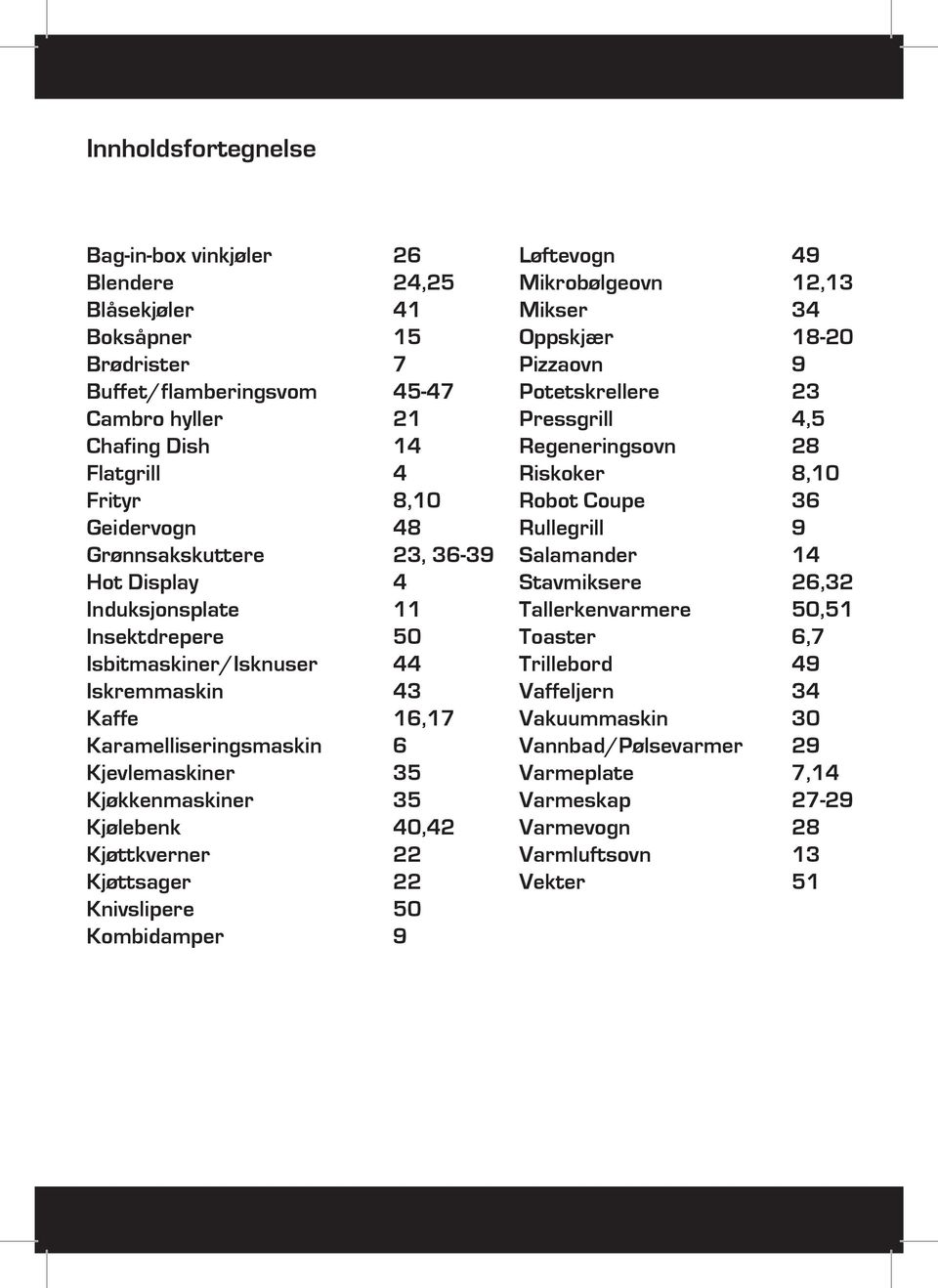 Kjølebenk 40,42 Kjøttkverner 22 Kjøttsager 22 Knivslipere 50 Kombidamper 9 Løftevogn 49 Mikrobølgeovn 12,13 Mikser 34 Oppskjær 18-20 Pizzaovn 9 Potetskrellere 23 Pressgrill 4,5 Regeneringsovn 28