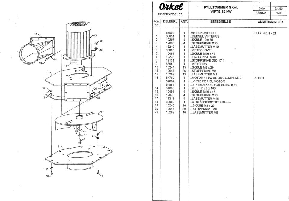 VFTEHUS 10 10244 13.. SKRUE M8 x 20 11 12047 26.. STOPPSKVE M8 12 13209 13.. LASEMUTER M8 13 54782 1.. MOTOR 15 Kw B5 3000 O/MN. MEZ A 160 L 54864 1.. VFTE FOR EL.MOTOR 54865 1... VFTEDEKSEL FOR EL.