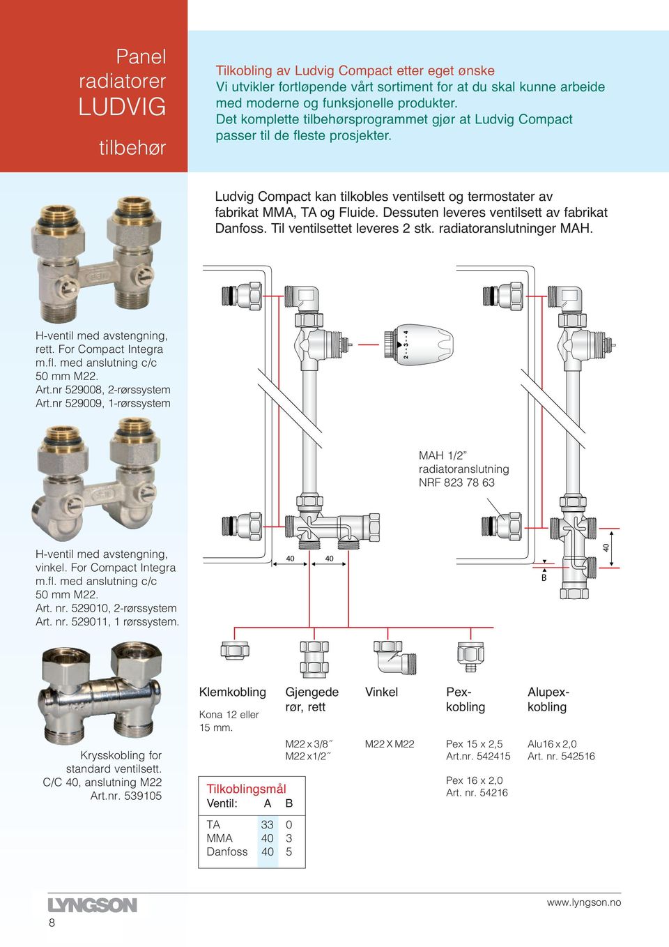 Dessuten leveres ventilsett av fabrikat Danfoss. Til ventilsettet leveres 2 stk. radiatoranslutninger MAH. H-ventil med avstengning, rett. For Compact Integra m.fl. med anslutning c/c 0 mm M. Art.