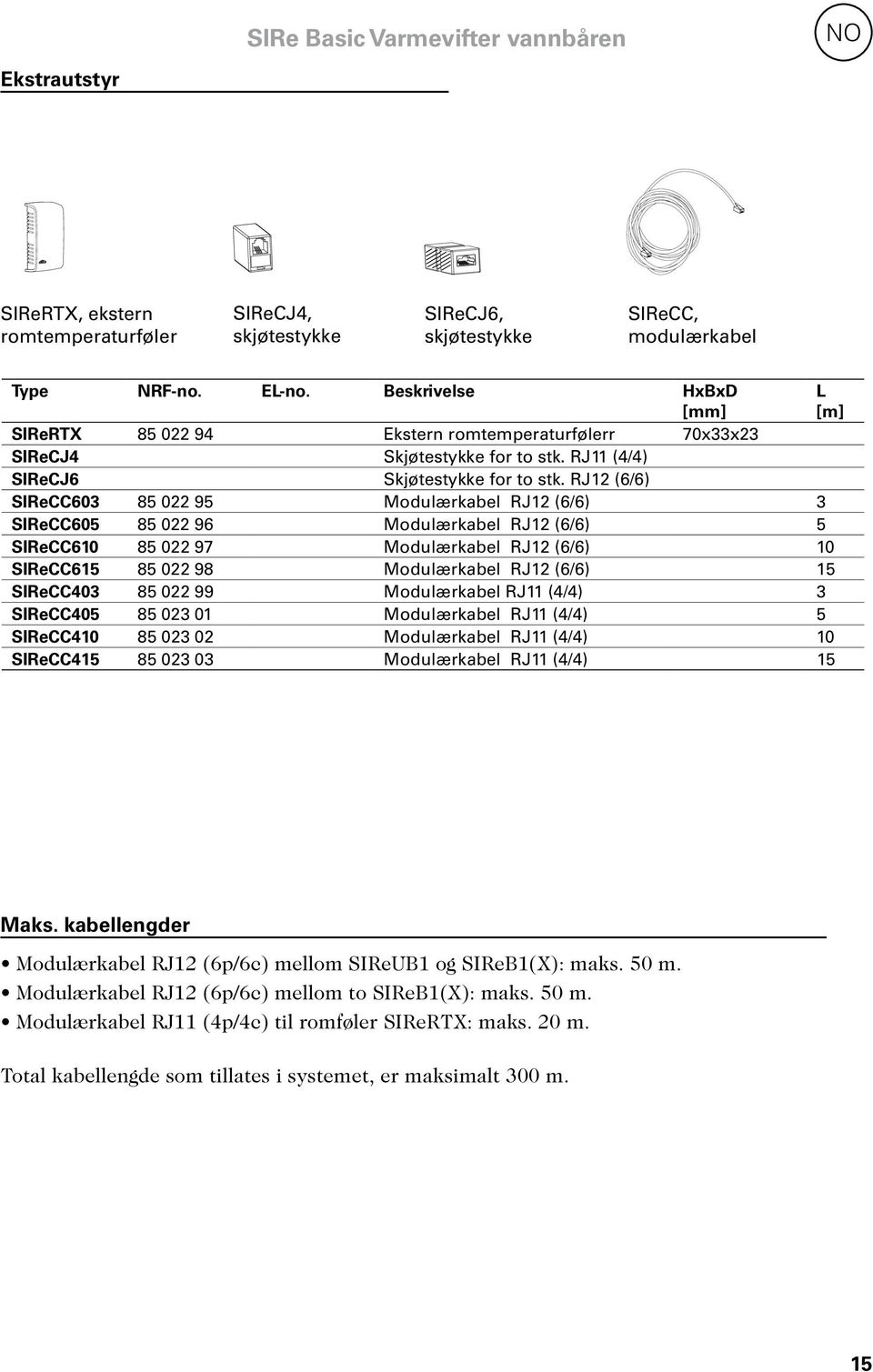 RJ12 (6/6) SIReCC603 85 022 95 Modulærkabel RJ12 (6/6) 3 SIReCC605 85 022 96 Modulærkabel RJ12 (6/6) 5 SIReCC610 85 022 97 Modulærkabel RJ12 (6/6) 10 SIReCC615 85 022 98 Modulærkabel RJ12 (6/6) 15