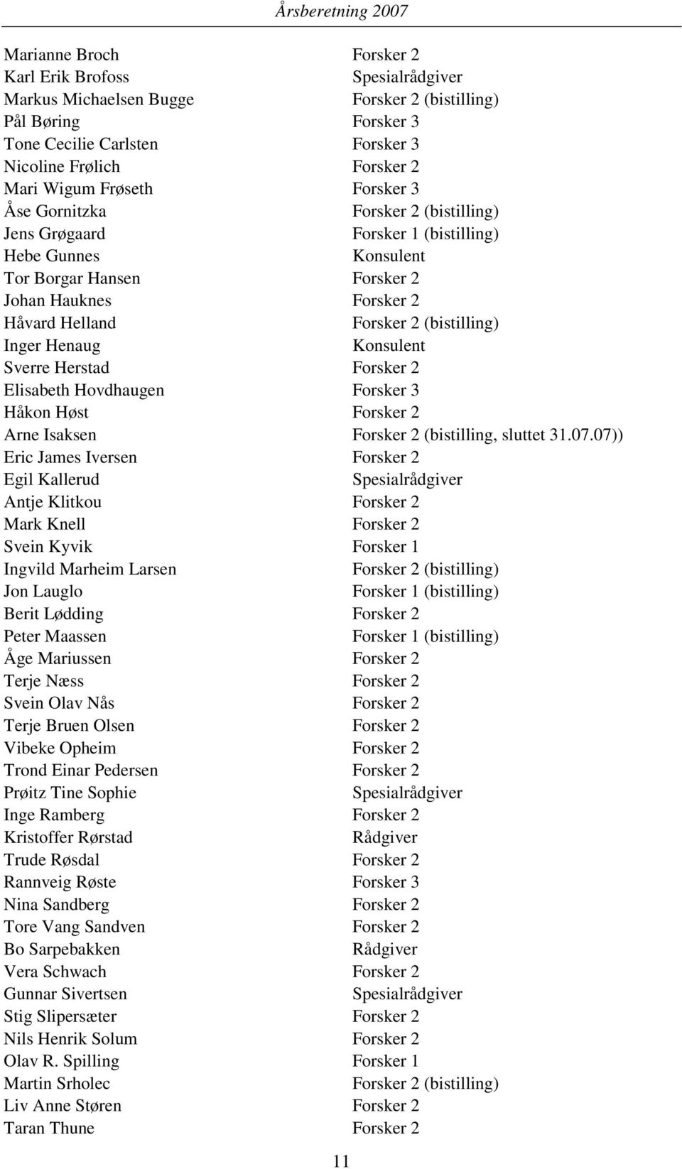 (bistilling) Inger Henaug Konsulent Sverre Herstad Forsker 2 Elisabeth Hovdhaugen Forsker 3 Håkon Høst Forsker 2 Arne Isaksen Forsker 2 (bistilling, sluttet 31.07.