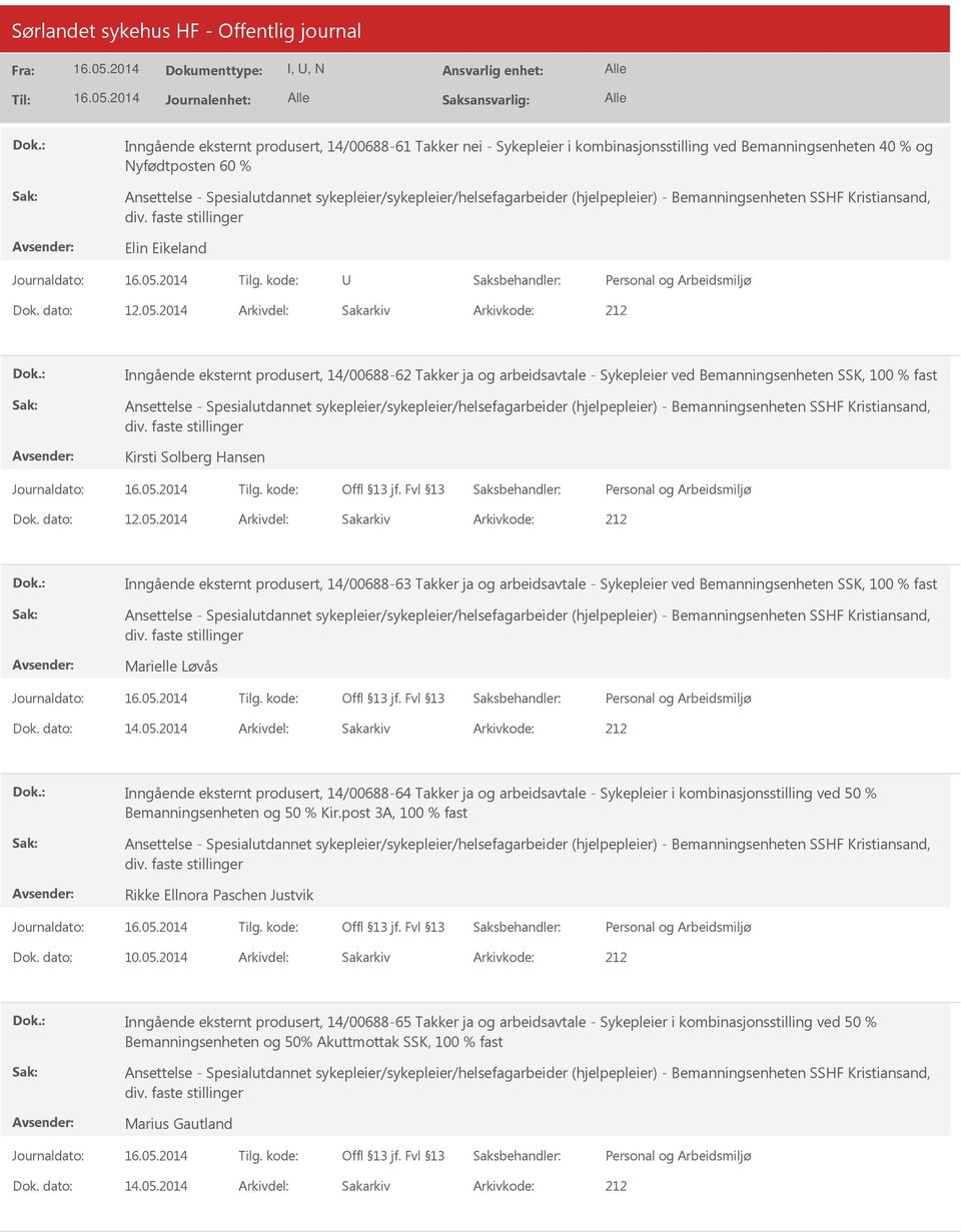 2014 Arkivdel: Sakarkiv Inngående eksternt produsert, 14/00688-63 Takker ja og arbeidsavtale - Sykepleier ved Bemanningsenheten SSK, 100 % fast Marielle Løvås Dok. dato: 14.05.