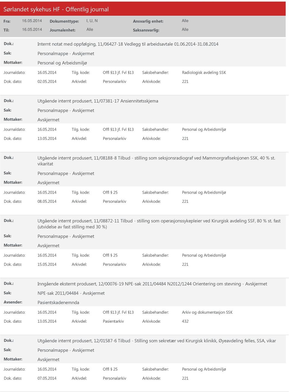 2014 Arkivdel: Personalarkiv Arkivkode: 221 tgående internt produsert, 11/08188-8 Tilbud - stilling som seksjonsradiograf ved Mammorgrafiseksjonen SSK, 40 % st. vikaritat Personalmappe - Dok.