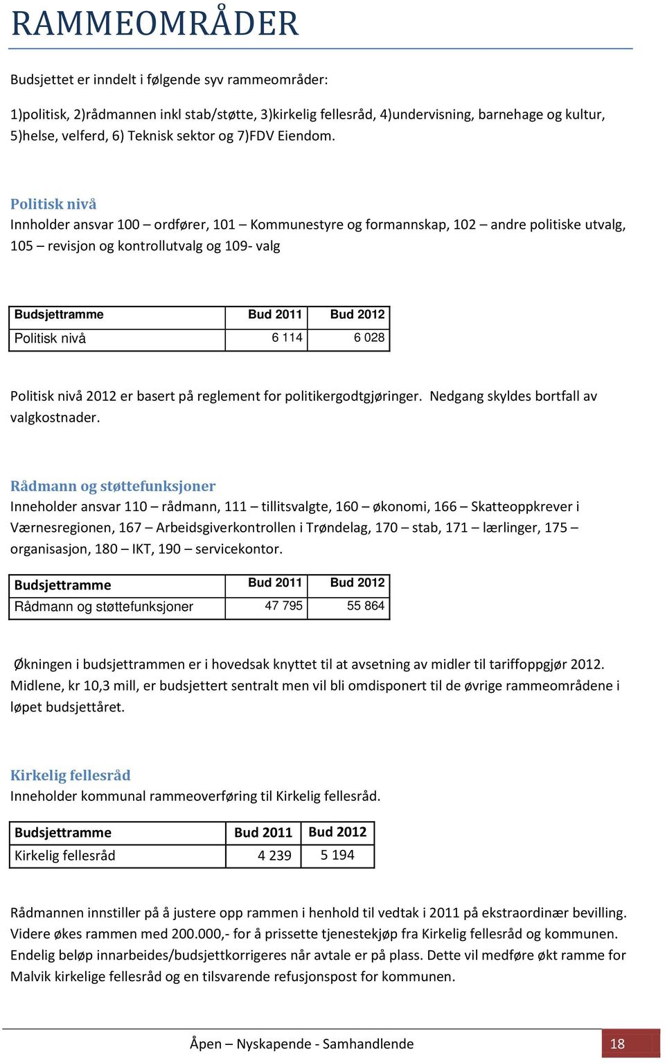 Politisk nivå Innholder ansvar 100 ordfører, 101 Kommunestyre og formannskap, 102 andre politiske utvalg, 105 revisjon og kontrollutvalg og 109- valg Budsjettramme Bud 2011 Bud 2012 Politisk nivå 6