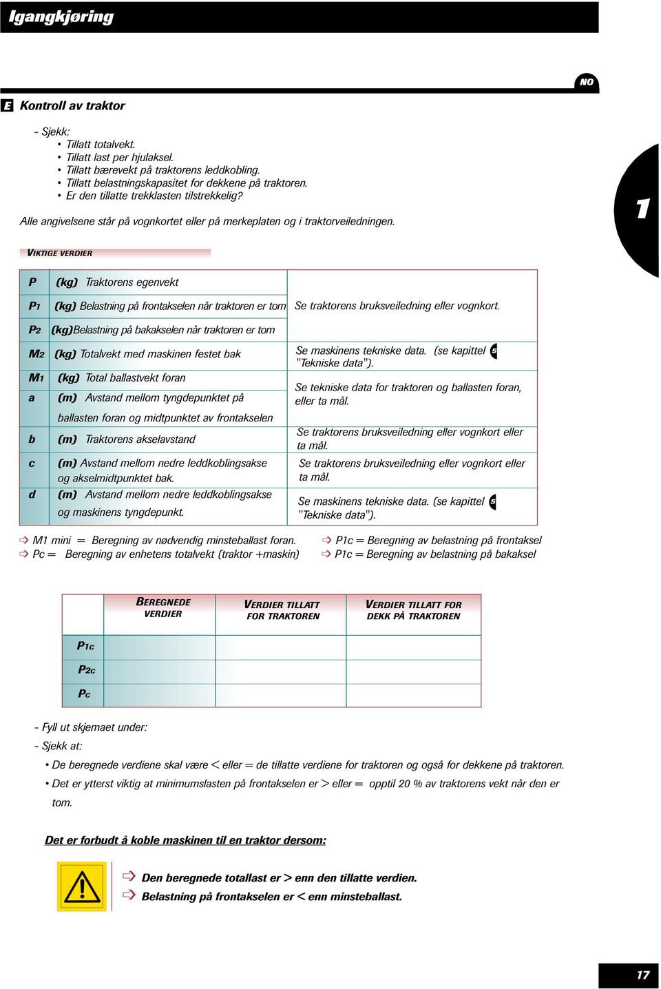 VIKTIGE VERDIER P P P M M a b c d (kg) Traktorens egenvekt (kg) Belastning på frontakselen når traktoren er tom (kg)belastning på bakakselen når traktoren er tom (kg) Totalvekt med maskinen festet