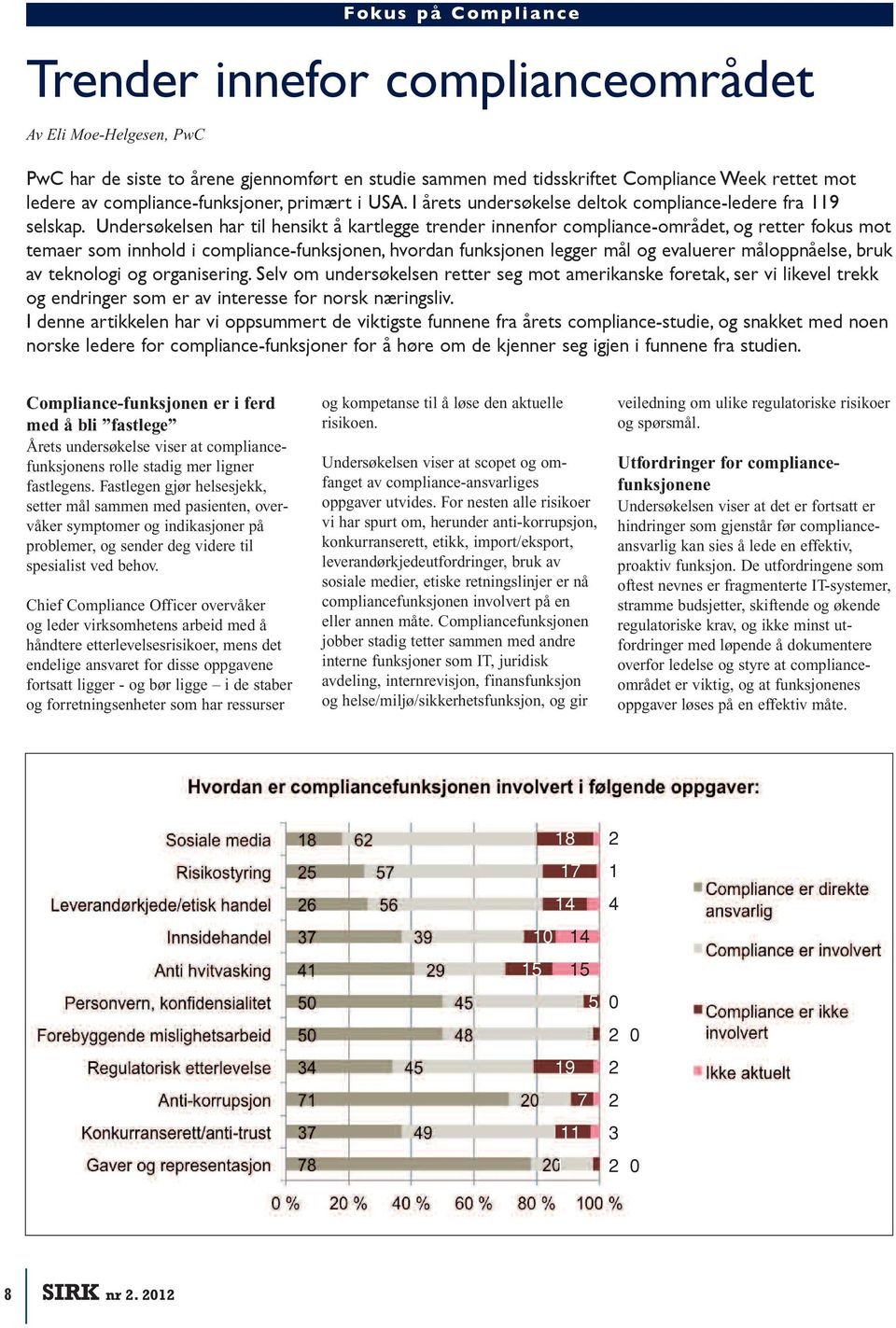 Undersøkelsen har til hensikt å kartlegge trender innenfor compliance-området, og retter fokus mot temaer som innhold i compliance-funksjonen, hvordan funksjonen legger mål og evaluerer måloppnåelse,