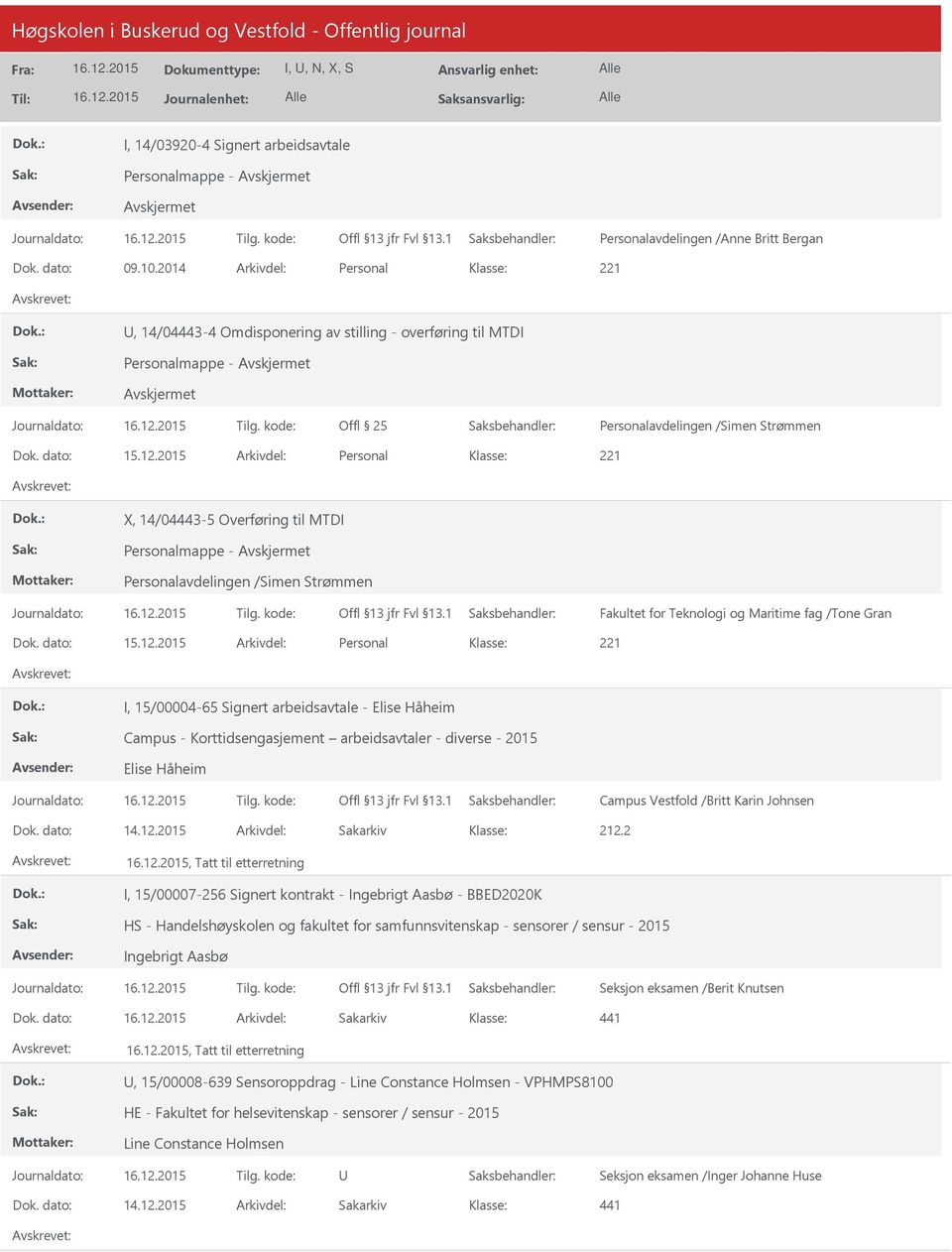 2015 Arkivdel: Personal X, 14/04443-5 Overføring til MTDI Personalmappe - Personalavdelingen /Simen Strømmen Fakultet for Teknologi og Maritime fag /Tone Gran Dok. dato: 15.12.