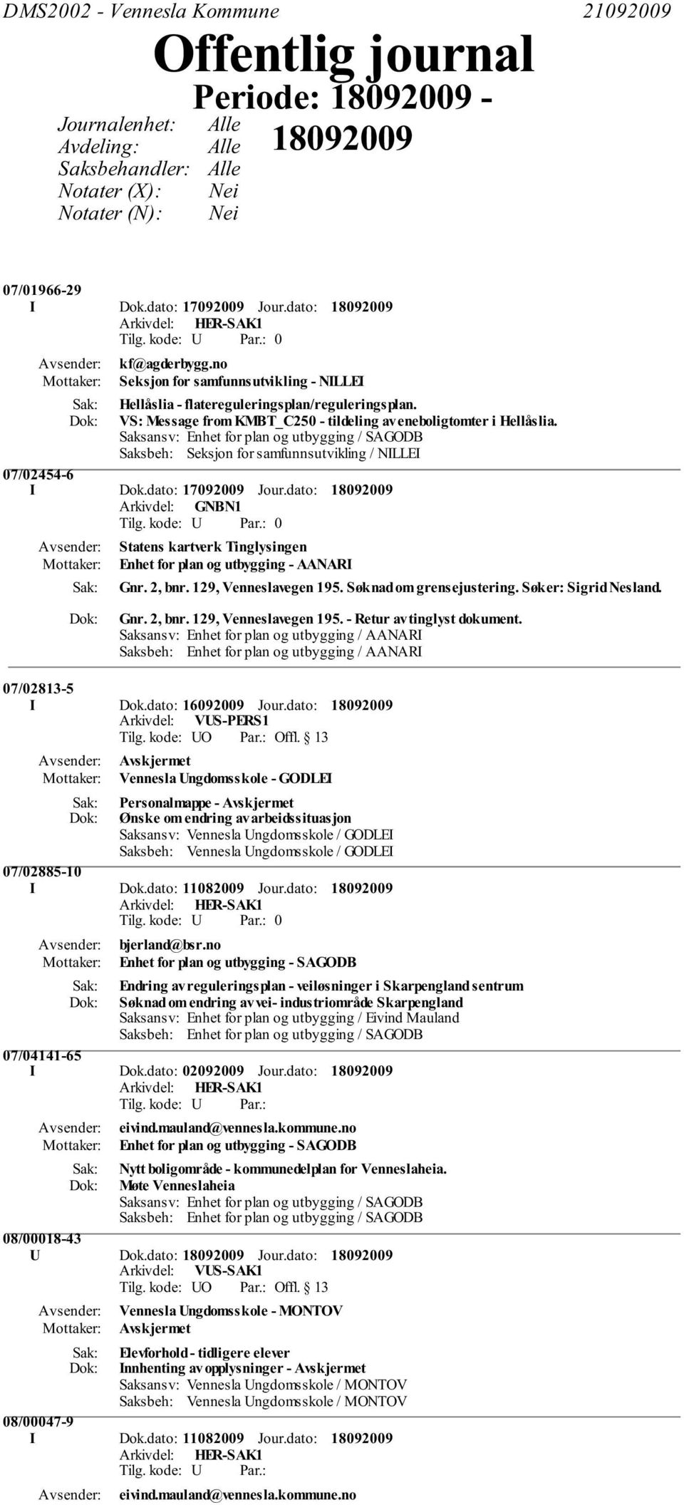 Saksbeh: Seksjon for samfunnsutvikling / NILLEI 07/02454-6 I Dok.dato: 17092009 Jour.dato: 0 Statens kartverk Tinglysingen Enhet for plan og utbygging - AANARI Gnr. 2, bnr. 129, Venneslavegen 195.