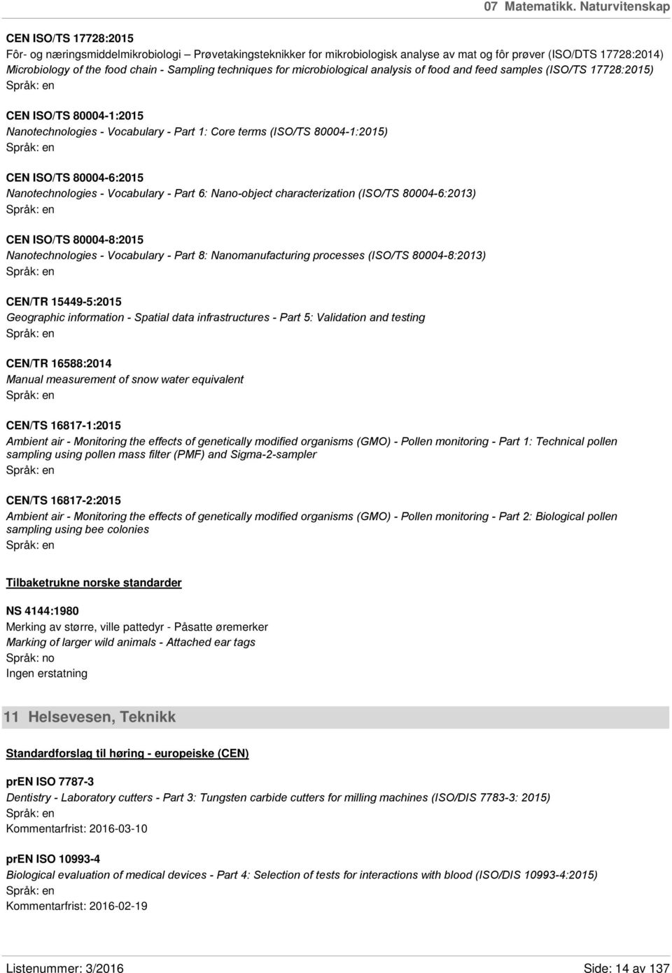 Sampling techniques for microbiological analysis of food and feed samples (ISO/TS 17728:2015) CEN ISO/TS 80004-1:2015 Nanotechnologies - Vocabulary - Part 1: Core terms (ISO/TS 80004-1:2015) CEN