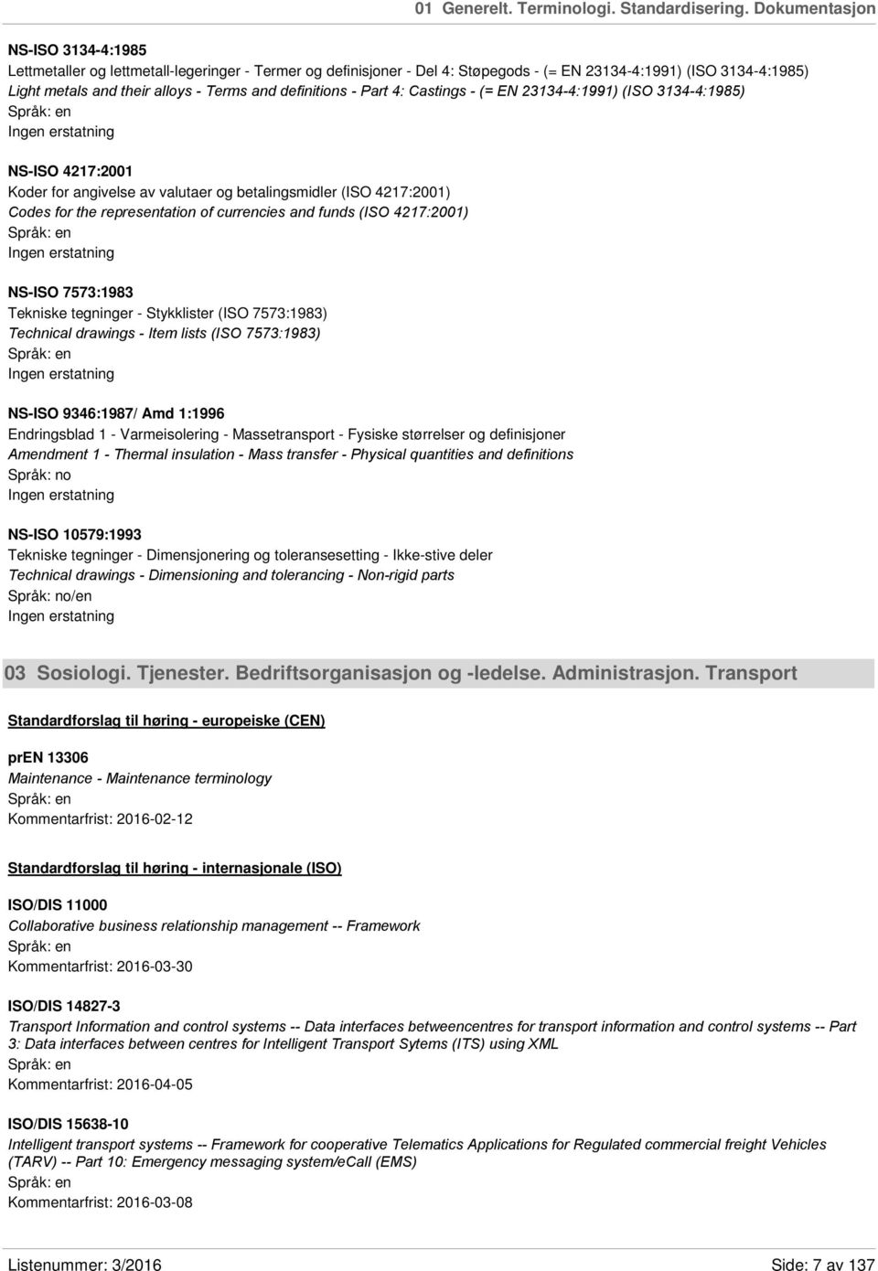 definitions - Part 4: Castings - (= EN 23134-4:1991) (ISO 3134-4:1985) NS-ISO 4217:2001 Koder for angivelse av valutaer og betalingsmidler (ISO 4217:2001) Codes for the representation of currencies