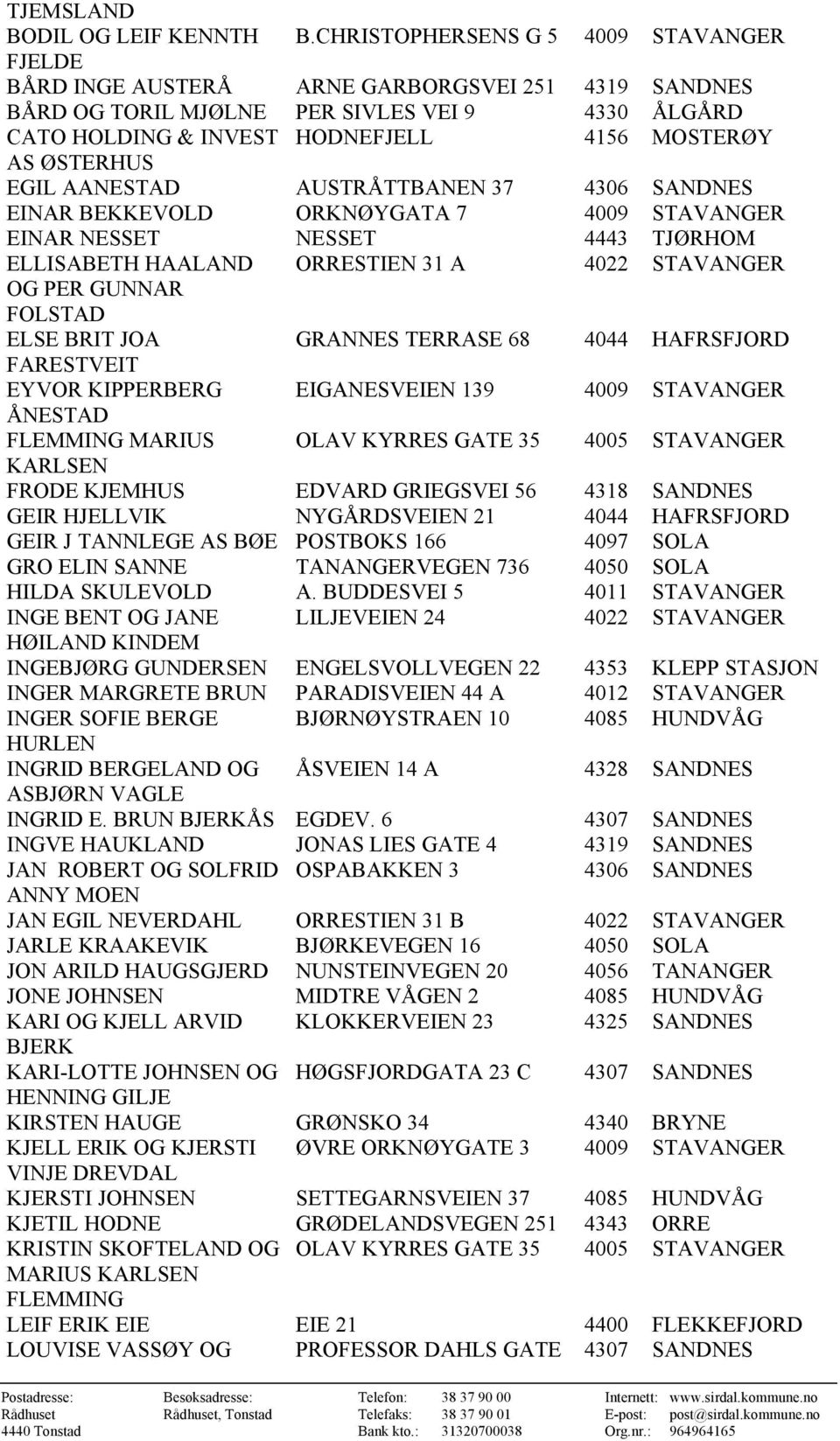 ØSTERHUS EGIL AANESTAD AUSTRÅTTBANEN 37 4306 SANDNES EINAR BEKKEVOLD ORKNØYGATA 7 4009 STAVANGER EINAR NESSET NESSET 4443 TJØRHOM ELLISABETH HAALAND ORRESTIEN 31 A 4022 STAVANGER OG PER GUNNAR