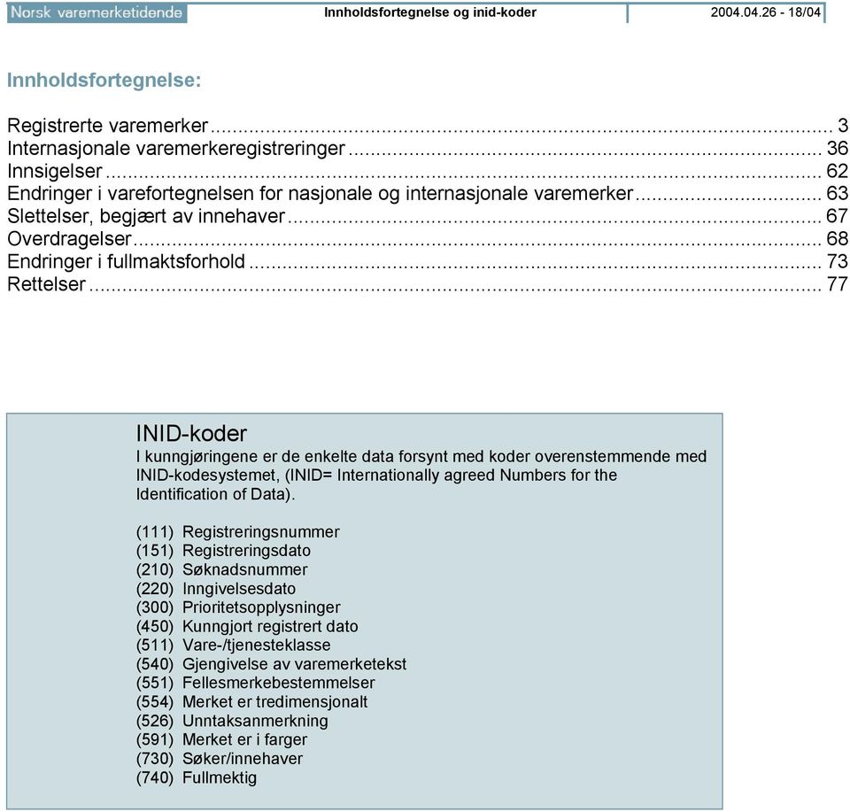 .. 77 INID-koder I kunngjøringene er de enkelte data forsynt med koder overenstemmende med INID-kodesystemet, (INID= Internationally agreed Numbers for the Identification of Data).