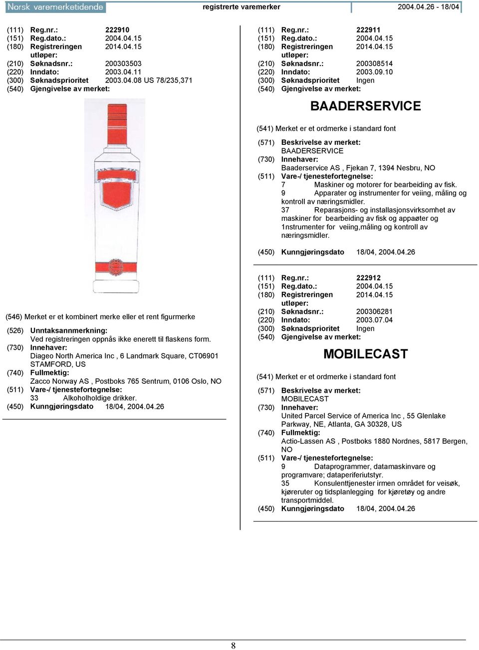 10 BAADERSERVICE BAADERSERVICE Baaderservice AS, Fjekan 7, 1394 Nesbru, NO 7 Maskiner og motorer for bearbeiding av fisk. 9 Apparater og instrumenter for veiing, måling og kontroll av næringsmidler.