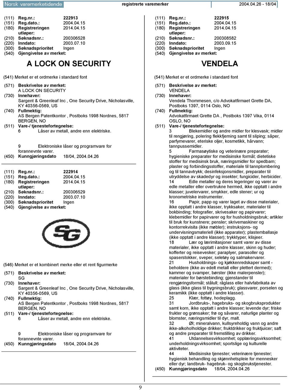 metall, andre enn elektriske. 9 Elektroniske låser og programvare for forannevnte varer. (111) Reg.nr.: 222914 (151) Reg.dato.: 2004.04.15 (180) Registreringen 2014.04.15 (210) Søknadsnr.