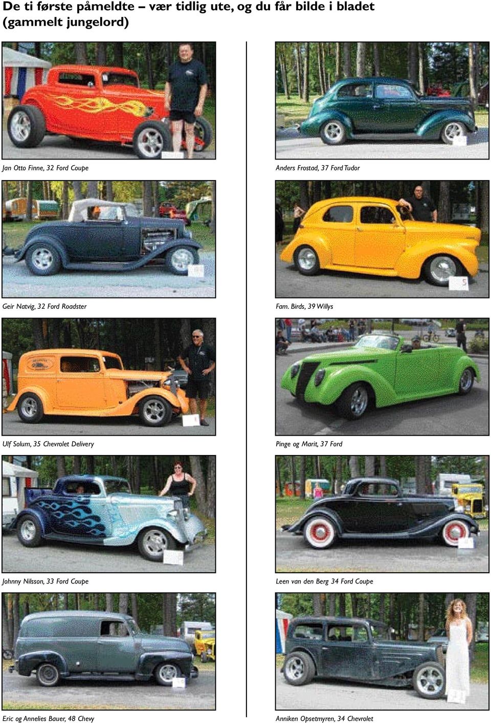 Birds, 39 Willys Ulf Solum, 35 Chevrolet Delivery Pinge og Marit, 37 Ford Johnny Nilsson, 33