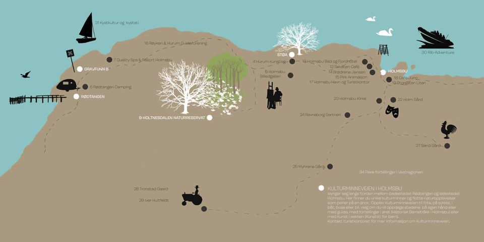 NATURRESERVAT 24 Ravnsborg Gartneri 27 Sand Gård 25 Myhrene Gård 34 Flere fortellinger i Vestregionen 28 Tronstad Gaard 29 Iver Huitfeldt KULTURMINNEVEIEN I HOLMSBU slynger seg langs fjorden mellom