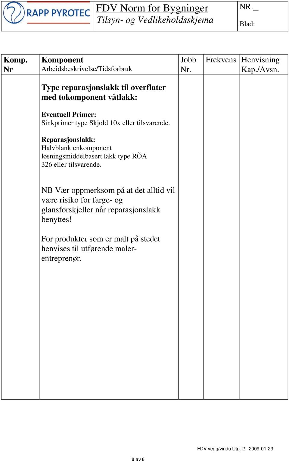 Reparasjonslakk: Halvblank enkomponent løsningsmiddelbasert lakk type RÖA 326 eller tilsvarende.