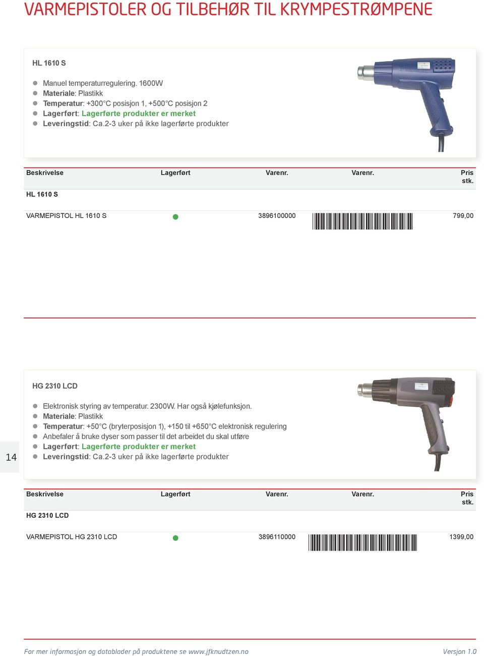 Varenr. Pris HL 1610 S VARMEPISTOL HL 1610 S 3896100000 *3896100000* 799,00 HG 2310 LCD 14 Elektronisk styring av temperatur. 2300W. Har også kjølefunksjon.