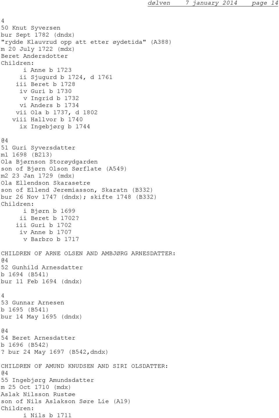 (A59) 2 2 Jan 1729 (dx) Ola Ellendson Skarasetre son of Ellend Jereiasson, Skaratn (B2) bur 26 Nov 177 (dndx); skifte 178 (B2) i Bjørn b 1699 ii Beret b 1702?