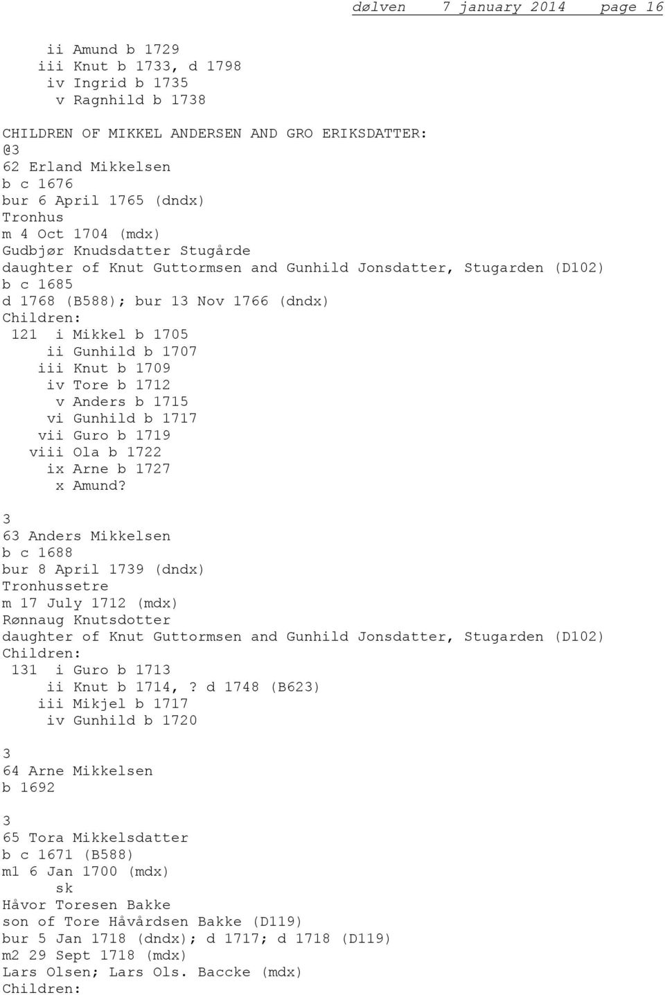 Gunhild b 1707 iii Knut b 1709 iv Tore b 1712 v Anders b 1715 vi Gunhild b 1717 vii Guro b 1719 viii Ola b 1722 ix Arne b 1727 x Aund?