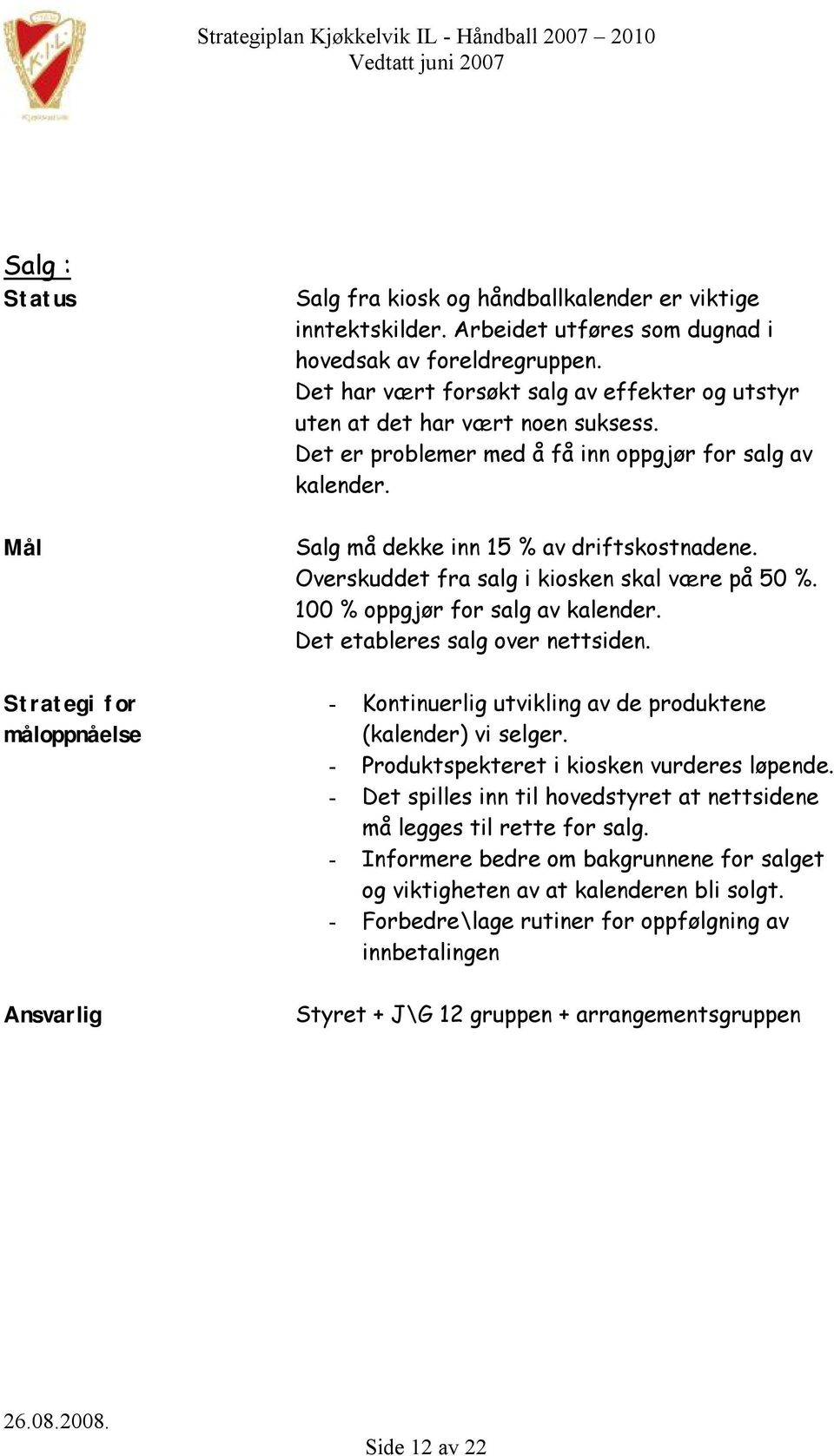 Overskuddet fra salg i kiosken skal være på 50 %. 100 % oppgjør for salg av kalender. Det etableres salg over nettsiden. - Kontinuerlig utvikling av de produktene (kalender) vi selger.