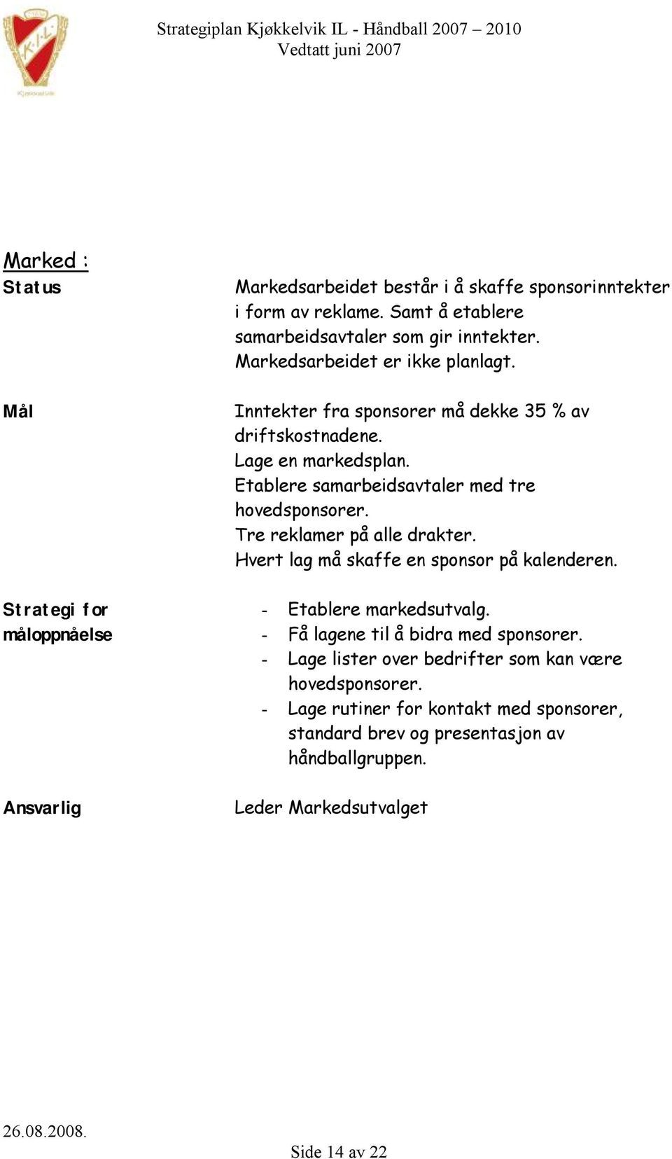 Etablere samarbeidsavtaler med tre hovedsponsorer. Tre reklamer på alle drakter. Hvert lag må skaffe en sponsor på kalenderen. - Etablere markedsutvalg.