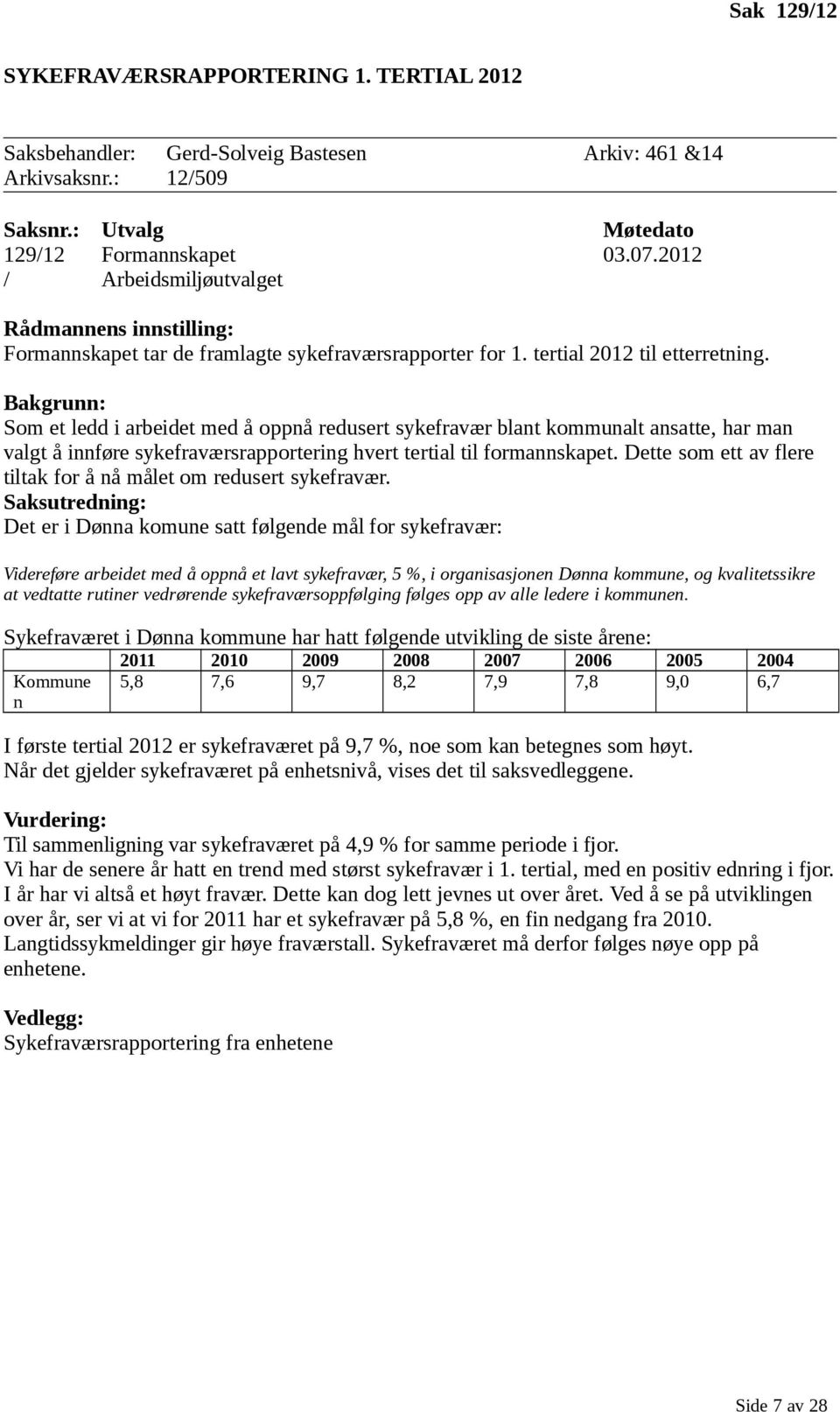 Bakgrunn: Som et ledd i arbeidet med å oppnå redusert sykefravær blant kommunalt ansatte, har man valgt å innføre sykefraværsrapportering hvert tertial til formannskapet.