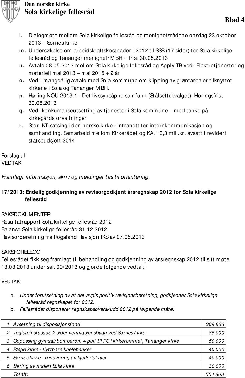 2013 n. Avtale 08.05.2013 mellom Sola kirkelige fellesråd og Apply TB vedr Elektrotjenester og materiell mai 2013 mai 2015 + 2 år o. Vedr.