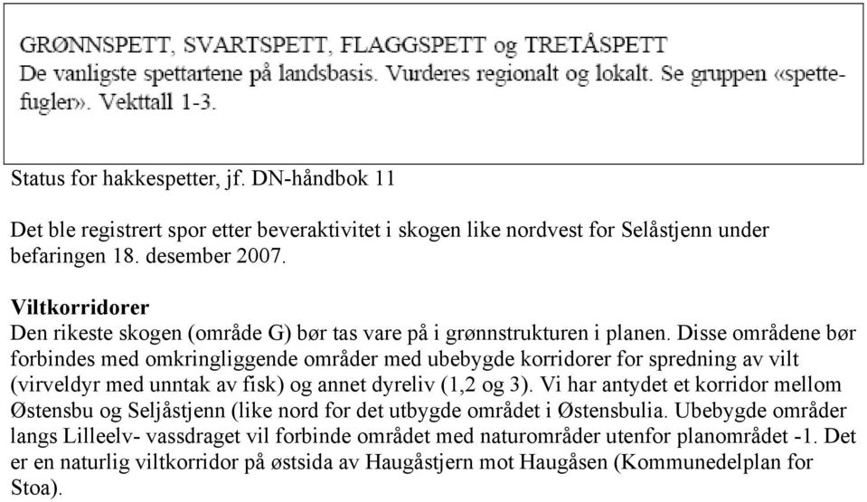 Disse områdene bør forbindes med omkringliggende områder med ubebygde korridorer for spredning av vilt (virveldyr med unntak av fisk) og annet dyreliv (1,2 og 3).