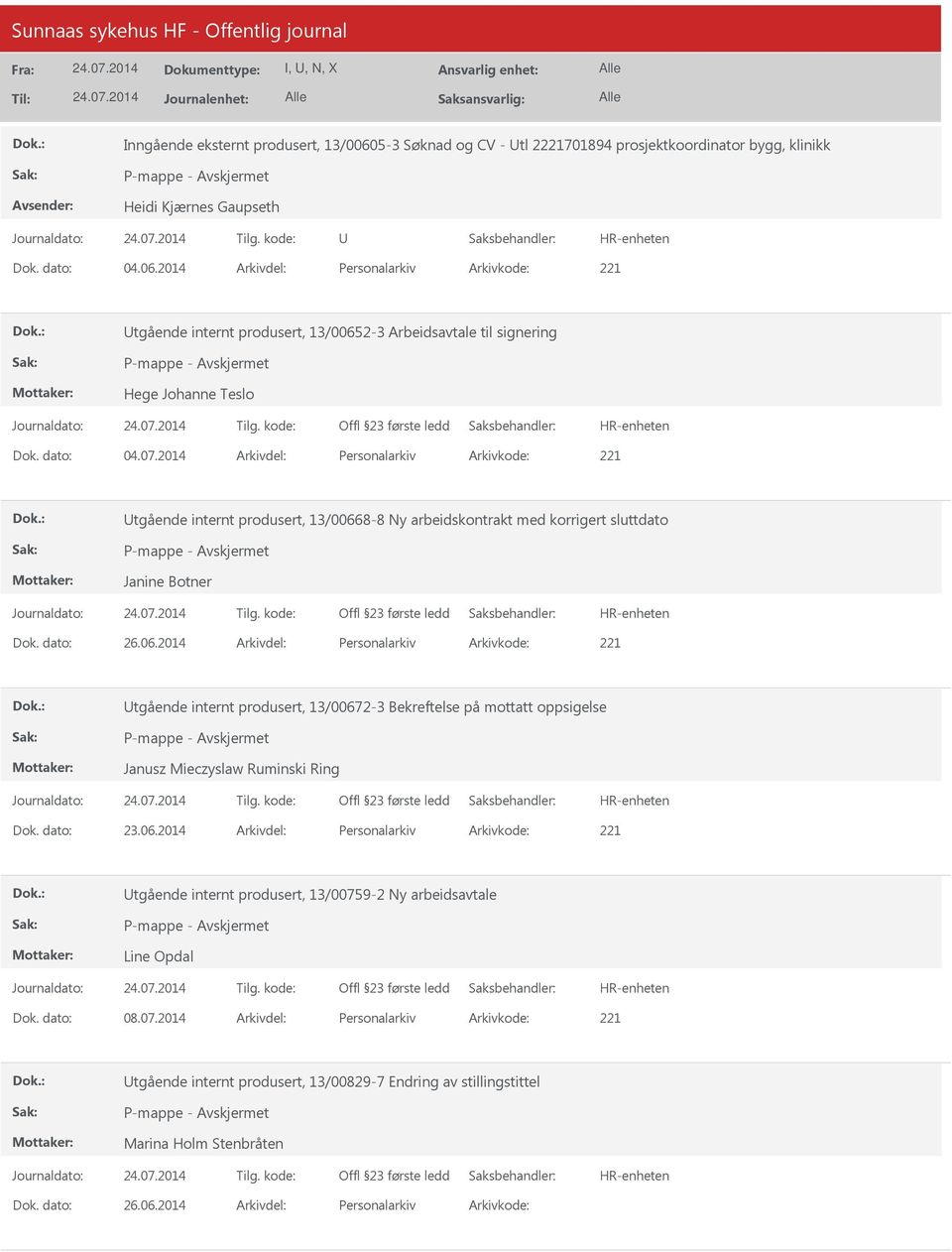 2014 Arkivdel: Personalarkiv Arkivkode: 221 tgående internt produsert, 13/00668-8 Ny arbeidskontrakt med korrigert sluttdato Janine Botner tgående internt produsert, 13/00672-3 Bekreftelse på mottatt