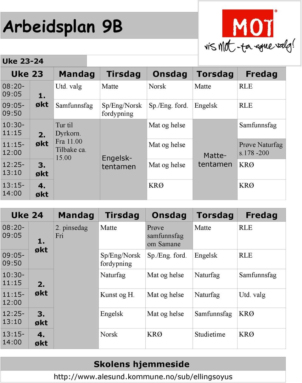 178-200 KRØ KRØ Uke 24 Mandag Tirsdag Onsdag Torsdag Fredag 08:20-09:05 09:05-09:50 1. 10:30-11:15 2. 11:15-12:00 12:25-13:10 13:15-14:00 3. 4. 2. pinsedag Fri Matte Sp/Eng/Norsk fordypning Prøve samfunnsfag om Samane Matte RLE Sp.