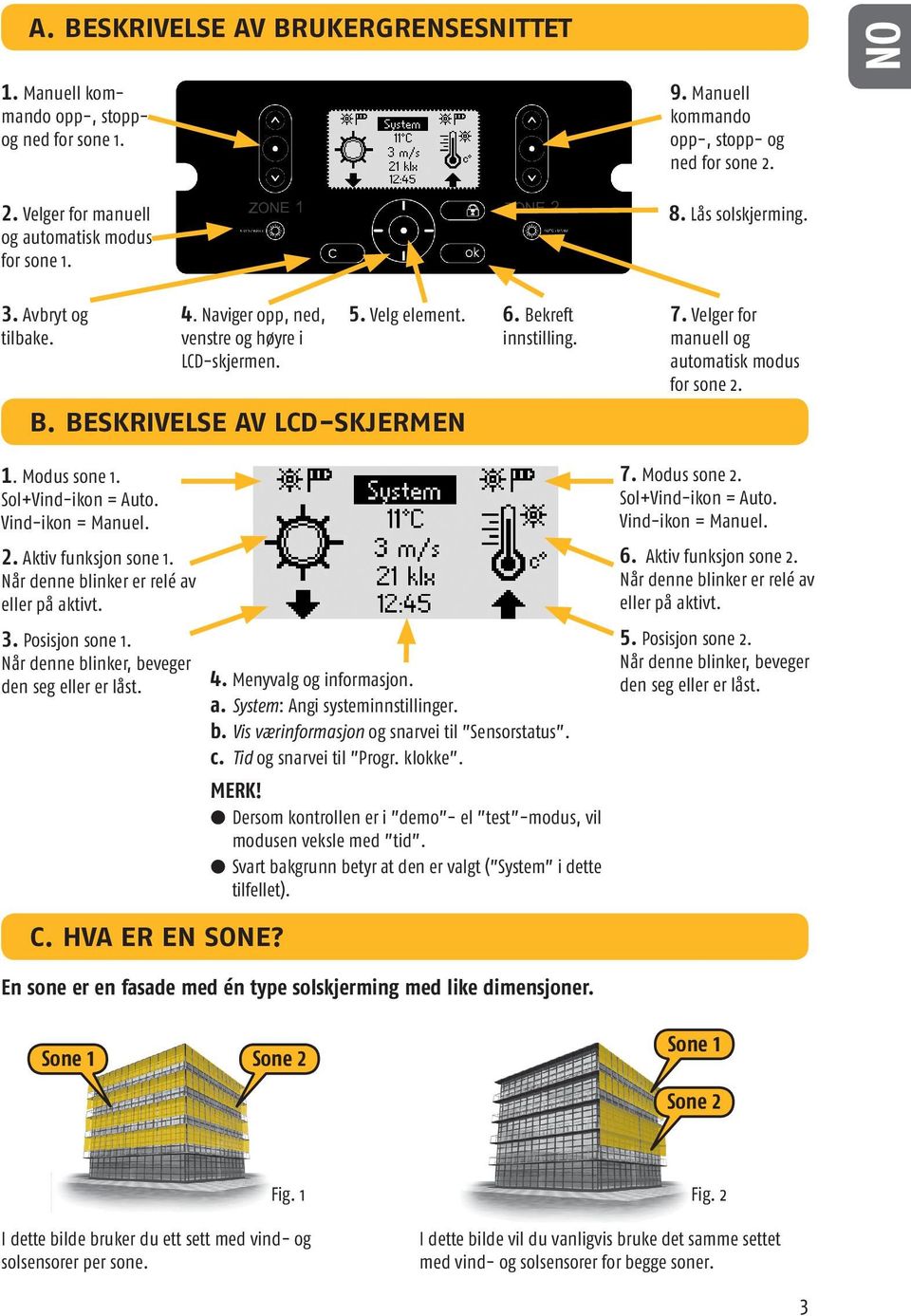 Velger for manuell og automatisk modus for sone 2. 1. Modus sone 1. Sol+Vind-ikon = Auto. Vind-ikon = Manuel. 2. Aktiv funksjon sone 1. Når denne blinker er relé av eller på aktivt. 3.