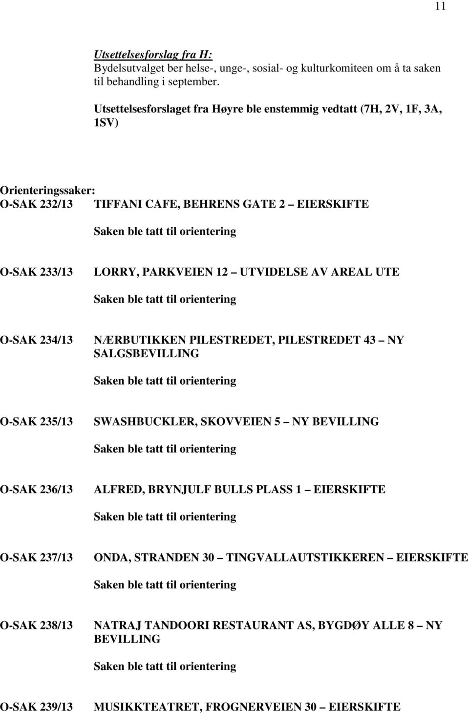 PARKVEIEN 12 UTVIDELSE AV AREAL UTE O-SAK 234/13 NÆRBUTIKKEN PILESTREDET, PILESTREDET 43 NY SALGSBEVILLING O-SAK 235/13 SWASHBUCKLER, SKOVVEIEN 5 NY BEVILLING O-SAK 236/13