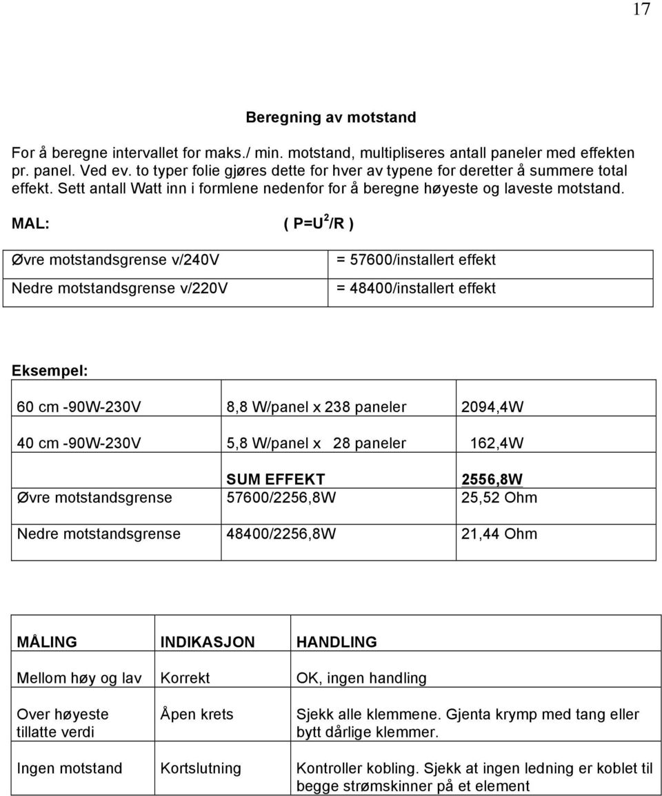 MAL: ( P=U 2 /R ) Øvre motstandsgrense v/240v Nedre motstandsgrense v/220v = 57600/installert effekt = 48400/installert effekt Eksempel: 60 cm -90W-230V 8,8 W/panel x 238 paneler 2094,4W 40 cm