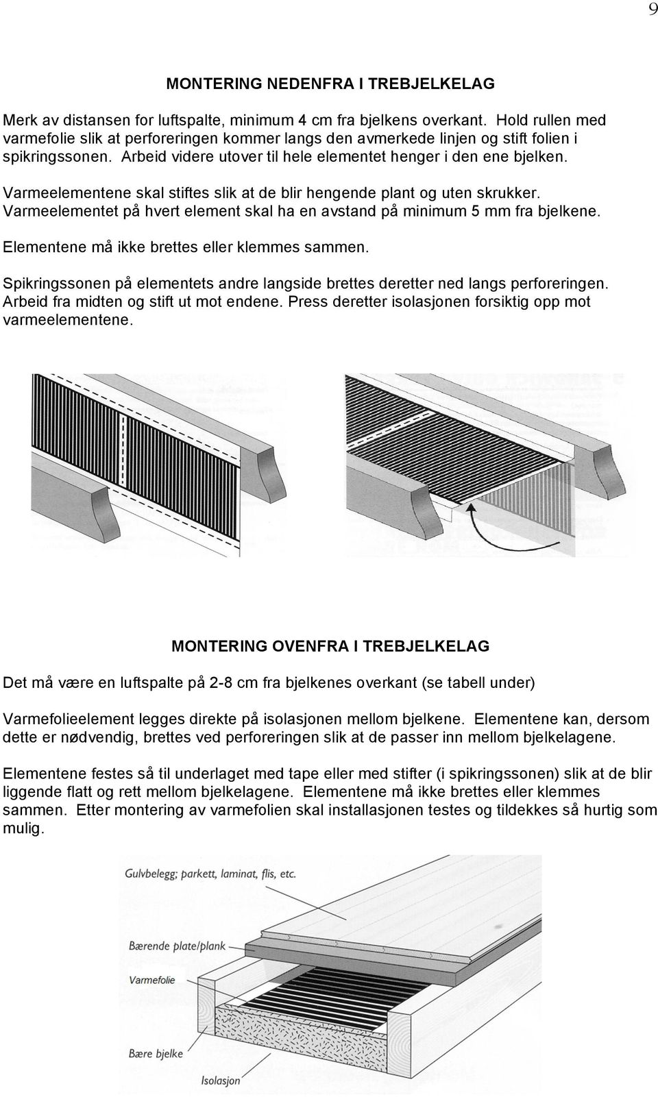 Varmeelementene skal stiftes slik at de blir hengende plant og uten skrukker. Varmeelementet på hvert element skal ha en avstand på minimum 5 mm fra bjelkene.