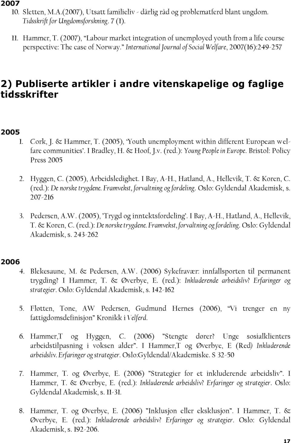 International Journal of Social Welfare, 2007(16):249-257 2) Publiserte artikler i andre vitenskapelige og faglige tidsskrifter 2005 1. Cork, J. & Hammer, T.