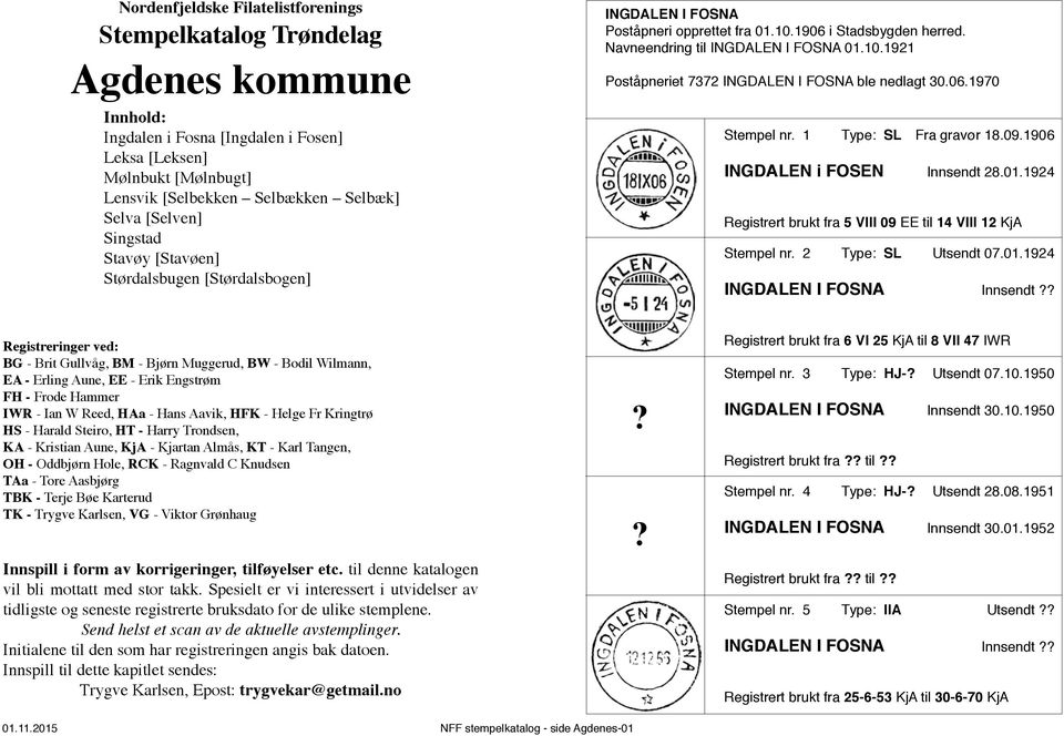 06.1970 Stempel nr. 1 Type: SL Fra gravør 18.09.1906 INGDALEN i FOSEN Innsendt 28.01.