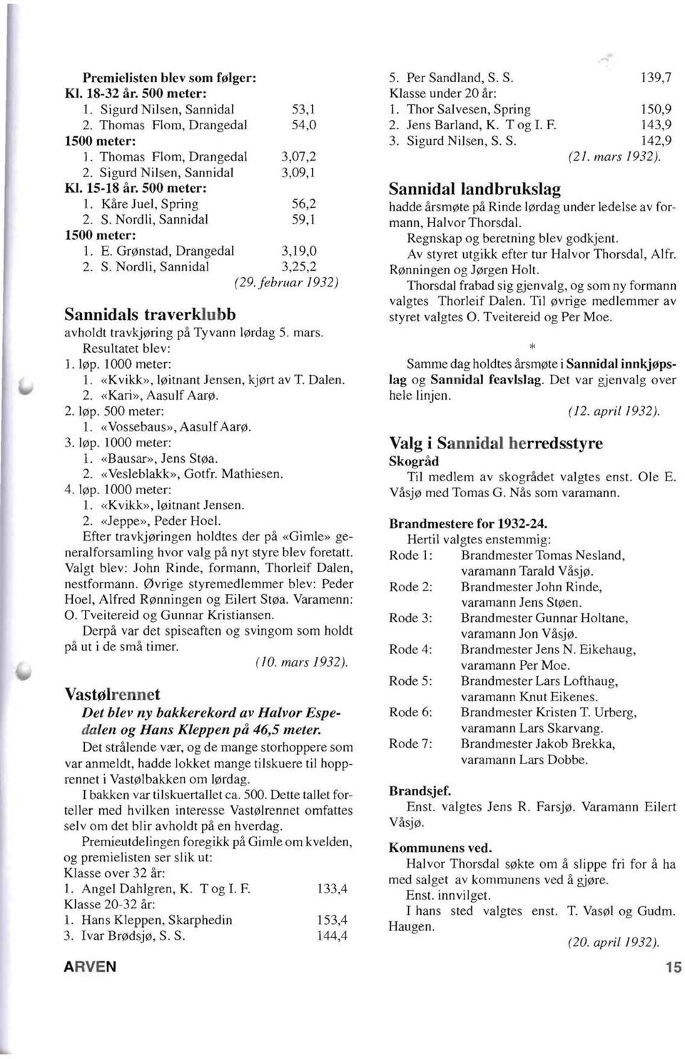 februar 1932) Sannidals traverklubb avholdt travkj0ring pa Tyvann 10rdag 5. mars. Resultatet blev: ]. 10p. 1000 meter: 1. «Kvikk», 10itnant Jensen, kj0rt av T. Dalen. 2. «Kari», Aasulf Aar0. 2. l0p.