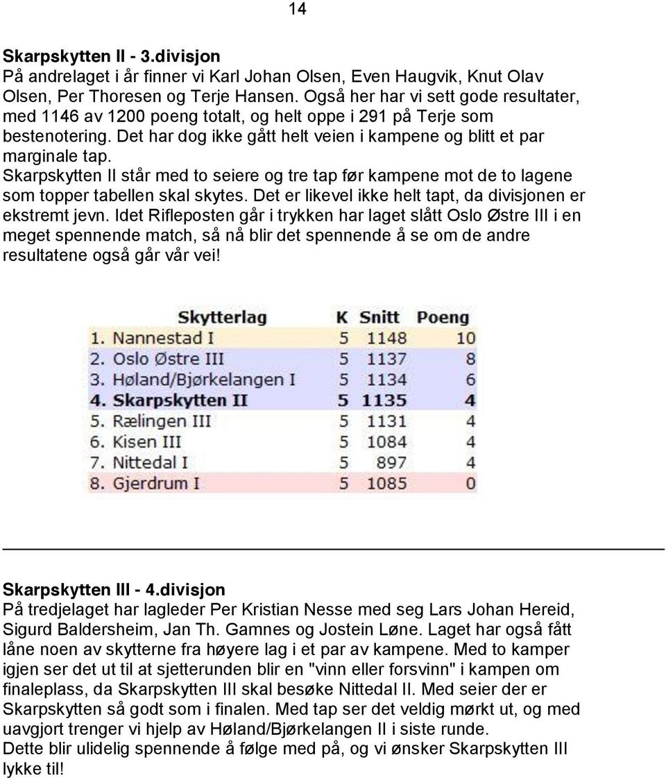 Skarpskytten II står med to seiere og tre tap før kampene mot de to lagene som topper tabellen skal skytes. Det er likevel ikke helt tapt, da divisjonen er ekstremt jevn.