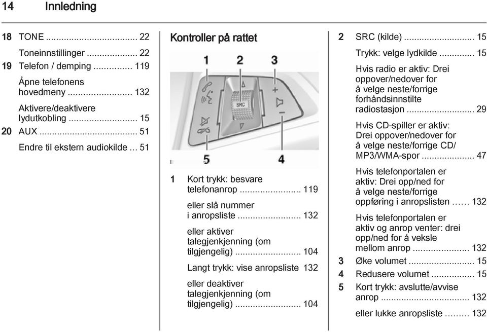 ..104 Langt trykk: vise anropsliste 132 eller deaktiver talegjenkjenning (om tilgjengelig)...104 2 SRC (kilde)... 15 Trykk: velge lydkilde.