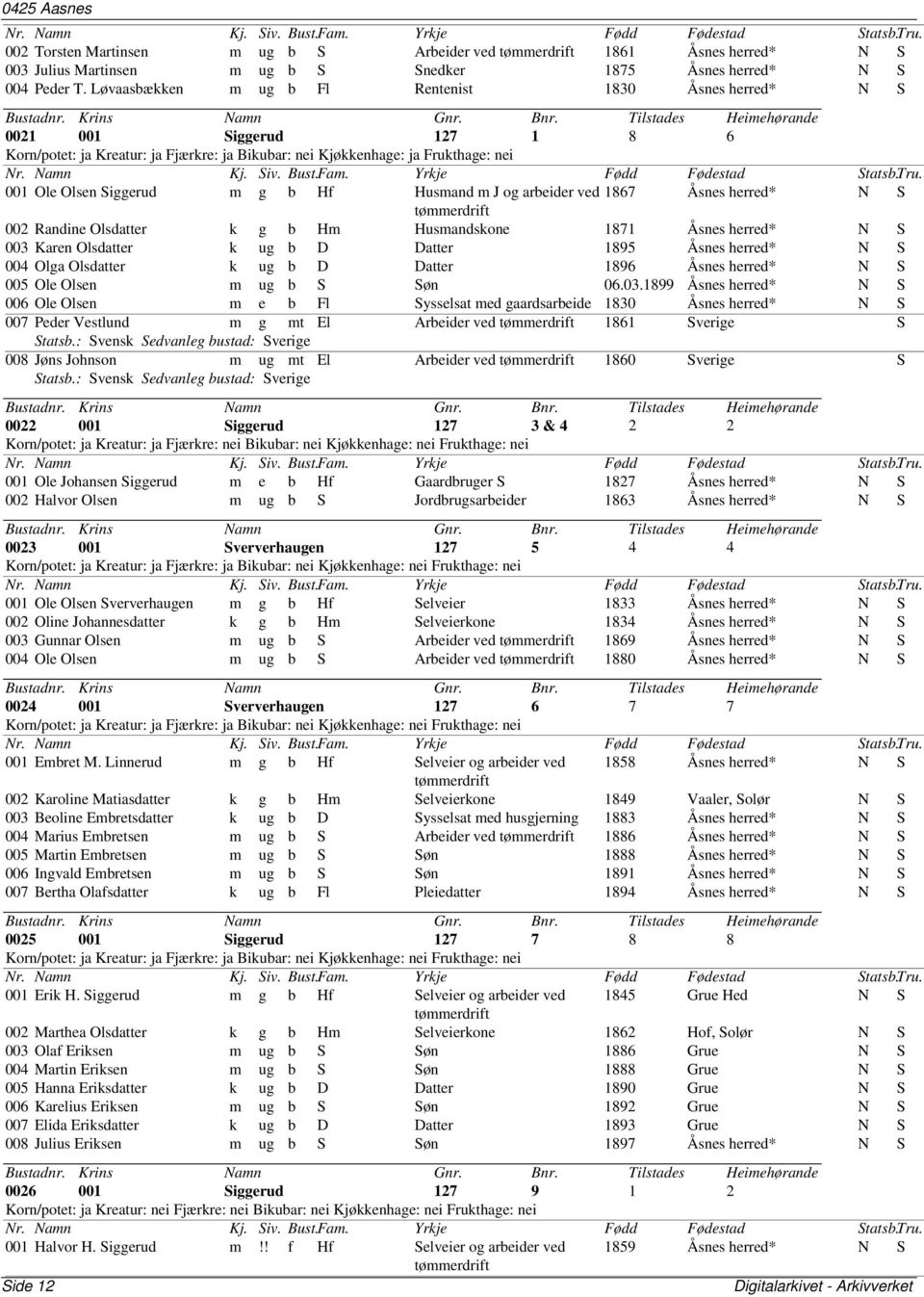 Husmand m J og arbeider ved 1867 Åsnes herred* N S tømmerdrift 002 Randine Olsdatter k g b Hm Husmandskone 1871 Åsnes herred* N S 003 Karen Olsdatter k ug b D Datter 1895 Åsnes herred* N S 004 Olga